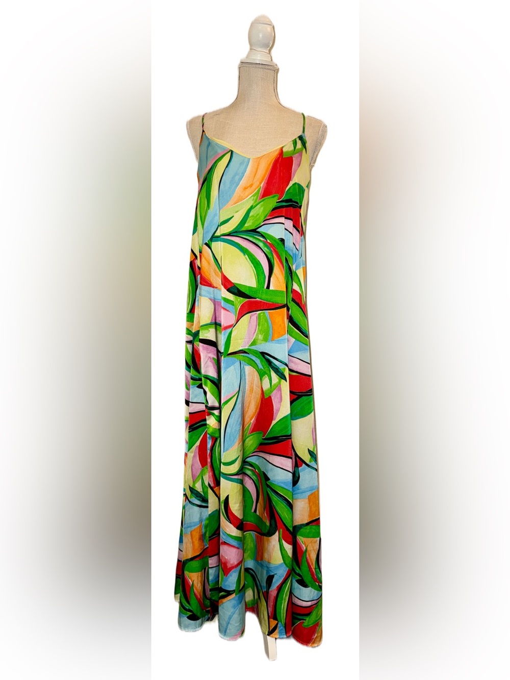 Nicole Miller Abstract Tropical Satin Maxi Slip Dress Multicolor Size M